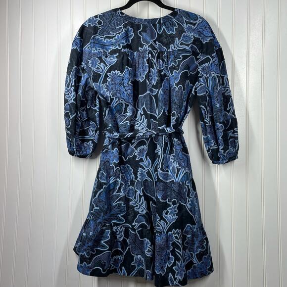 Parker Women’s Blue & Black Floral 3/4 Sleeve Mini Dress Size Small - Picture 2 of 9